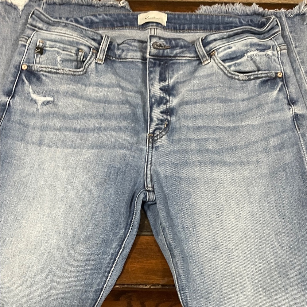 Kancan Juliet Mid Rise Raw Hem Flare Jeans